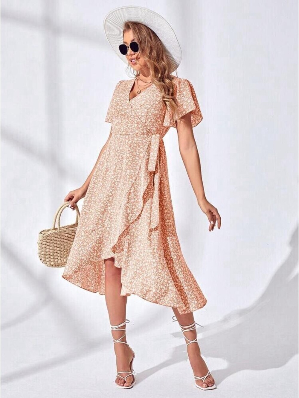Peach Floral Wrap Dress Women’s XL Midi Ruffle Hem Flutter Sleeve Boho Tie Waist